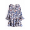 Peasant Style Floral Pattern V-Neck Zip-Back Bell Sleeves Flared Mini A-line Dress