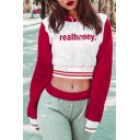 Trendy Letter Color Block Striped Pattern Long Sleeves Pullover Cropped Hoodie
