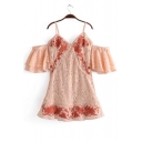 Cold Shoulder Spaghetti Strap Short Sleeve V Neck Floral Embroidered Mini Dress