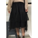 Trendy Layered Lace Insert Elastic Waist Plain Midi Elegant Skirt