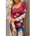 Popular Scoop Neck Long Sleeves Patchwork Lace Panel Floral Pattern Slim-Fit Tee