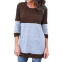 New Stylish Color Block Print Round Neck Long Sleeve Tunic Pullover Sweater