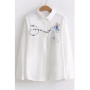 Trendy Cartoon Girl Letter Embroidered Long Sleeve Lapel Single Breasted Shirt