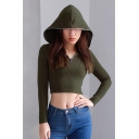 Cool Plain Hooded Zippered Long Sleeves Pullover Cropped Slim-Fit T-shirt
