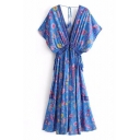 Peasant V-Neck Short Sleeves Gathered Waist Floral Printed Bow Tie Back Maxi Beach Dress
