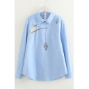Lovely Cat Fishing Embroidered Lapel Collar Long Sleeve Blouse