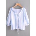 Leisure Button Down Half Sleeves Striped Pattern Hooded Drawstring Waist Shirt