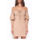 Fancy Off the Shoulder Ruffle Detail Lace-up Front Mini Bodycon Dress