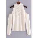 Ladylike Cold Shoulder High Neck Long Sleeves Beaded Ribbed Knitted Pullover Sweater
