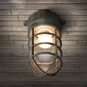 Industrial Nautical Flush Mount Ceiling Fixture with Glass Shade and Metal Cage Frame in Colorful Finish
