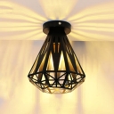 Industrial 7.9''W Flushmount Ceiling Light with Diamond Metal Cage in Black Finish