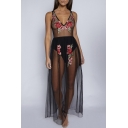 New Trendy Floral Embroidered Sexy Sheer Mesh Panel One Piece Dress Swimwear