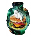 Popular Hamburger Cat Galaxy Printed Long Sleeves Pullover Hoodie with Pocket