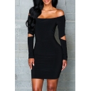 Fashionable Off Shoulder Hollow Out Long Sleeve Plain Bodycon Dress