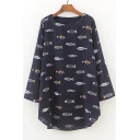 Cute Fish Allover Pattern Round Neck Long Sleeves Pullover Tunic Blouse