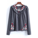 Fashionable Floral Embroidered Ruffle Long Sleeve Round Neck Blouse