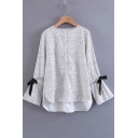 Peasant Polka Dotted Bow Bell Sleeves Dipped Hem Button Detail Blouse