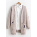 Chic Cartoon Embroidered Long Sleeve Open Front Cardigan with Pocket