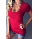 Sexy Plunge V Neck Low-Cut Short Sleeves Slim-Fit Summer Tee Top
