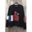 Cartoon Hand Letter Print Dropped Shoulder Round Neck Pullover Sweater