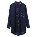 Chic Sweetheart Cat Embroidered Long Sleeves Button Down Tunic Shirt