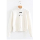 Happy Face Floral Letter Embroidered Long Sleeve Turtleneck Pullover Sweater