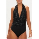 Sexy Tie Open Back Sequined Embellished Simple Plain Halter Bodysuit