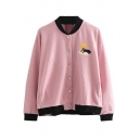 Embroidery Cartoon Cat Letter Print Long Sleeve Single Breasted Stand-Up Collar Jacket