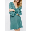 Sexy Lace Panel Plunge Neck Long Sleeves Plain Shift Sweatshirt Mini Dress