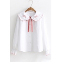 Fashion Bow Embroidered Peter Pan Collar Long Sleeve Button Down Shirt