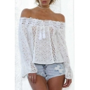 Beach Style Off the Shoulder Lace Panel Tassel Bow Front Hollow Out Loose Blouse