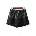 Cool Belted Elastic Waist PU Tweed Patchwork Culottes Shorts