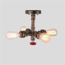 Industrial 4 Light Semi-Flush Ceiling Light with Valve in Pipe Style, Antique Brass