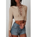 Sexy Lace-up V-Neck Long Sleeves Plain Ribbed Slim-Fit Cropped Tee