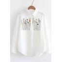 Stylish Floral Embroidered Point Collar Long Sleeves Button Down Loose Shirt