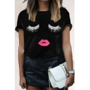 Fashionable Eyes Lips Mouth Printed Round Neck Short Sleeve Summer Tee Top