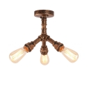 Industrial 3 Light Semi-Flush Ceiling Light in Pipe Style, Antique Brass