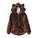Adorable Plain Bear Ears Zippered Hooded Faux Fur Winter Coat with Pockets