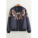 Chic Floral Embroidered Stand-Up Collar Long Sleeve Zipper Jacket