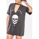 Trendy Choker Keyhole Neck Hollow Out Skull Star Printed Leisure Shift T-shirt Mini Dress