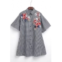 Classic Plaid Embroidery Floral Pattern Lapel Button Shirt Dress