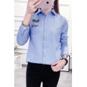 Stylish Cactus Letter Embroidered Point Collar Long Sleeves Button Down Shirt