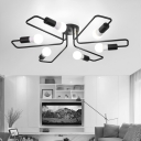 Industrial Wrought Iron 6 Light Semi-Flush Ceiling Light in Open Bulb Style, Black/White