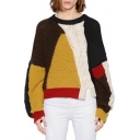 Trendy Color Block Patchwork Ribbed Double Knitted Notched Hem Pullover Sweater