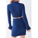 Trendy Plain High Neck Ruffle Trimmed Ribbed Knitted Cropped Top with Bodycon Skirt