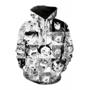 Monochrome Ahegao Cartoon Comic Character Printed Long Sleeves Pullover Hoodie with Pocket