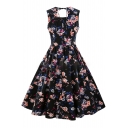 Ladylike Floral Pattern Square Neck Bow Tie Back Pleated Midi Fit & Flare Dress