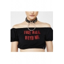 Sexy Off Shoulder Short Sleeve Letter Print Cropped Tee