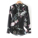 Chic Crane Leaf Print Long Sleeve Stand-Up Collar Button Blouse