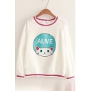 Adorable Cat Letter Cartoon Striped Trimmed Round Neck Long Sleeves Pullover Sweatshirt